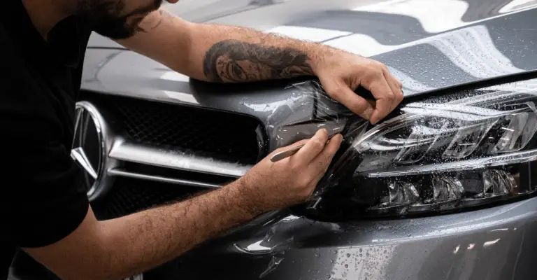 car detailer working on a mercedez paint protection film installation