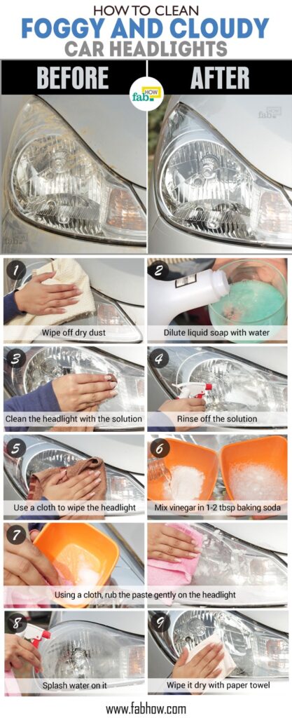 instructional infographic showing how to use vinegar and baking soda to clean headlights