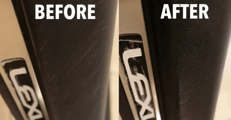 showing a before and after perspective of removing scratches from black plastic trim